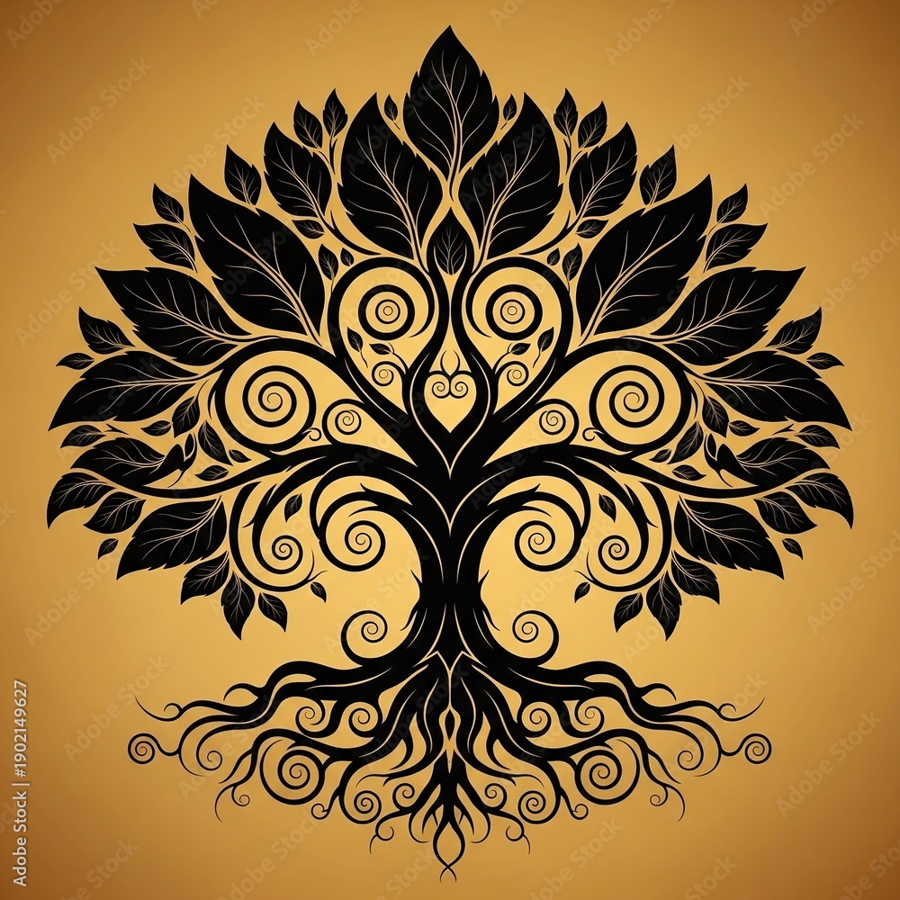 Obraz premium Intricate flat vector tree of life symbol with swirling roots and leaves in black and white contrast design