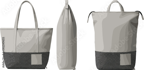 Three Gray and Black Polka Dot Bags with Handles and Drawstrings in Different Styles