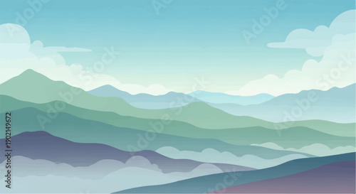 Layered mountain ranges fade into a soft, hazy sky with scattered clouds