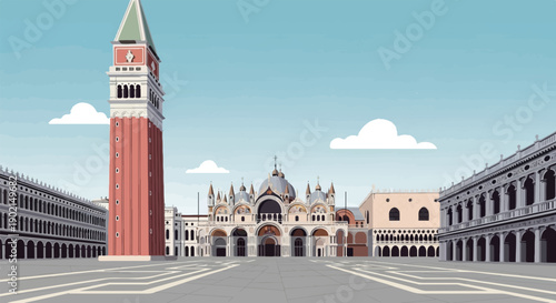 Geometric digital illustration of a grand square with a tall bell tower and ornate architecture