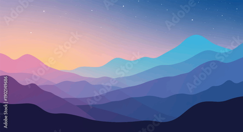 Layered mountain ranges under a starry twilight sky, transitioning colors