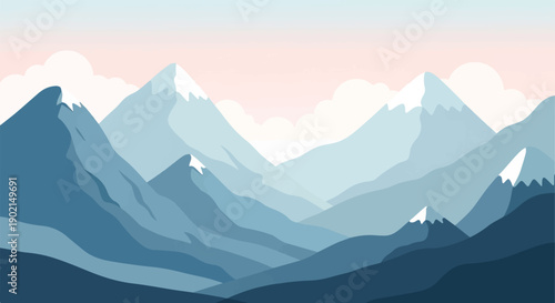 Layered mountain peaks under a soft pink and pale blue sky with clouds