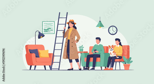 Interior scene with people, dog, ladder, and furniture