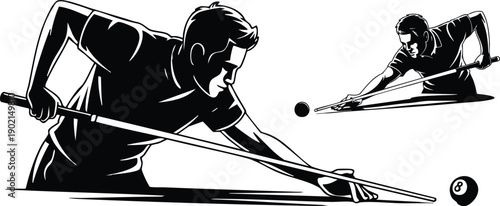 Minimalist Billiards Technique and Sportmanship Symbol, Stylized Black and White Pool Hall Action Vectors, Monochrome Graphic of a Pool Player with Cue and 8-Ball, vector, illustration, silhouette.