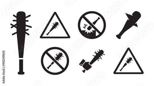 Spiked bat and wooden mace icons including spiked club prohibition signs