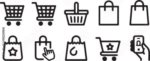 Shopping bag and cart icon set outline style vector for online purchase
