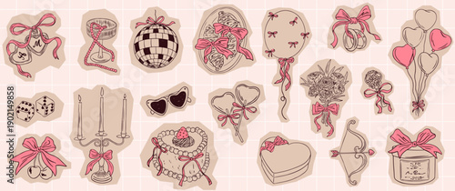 Cut out scrapbook chalk wedding elements. Vintage coquette bow, cake, ballons, croissant, cocktail, disco ball. Vector torn craft paper illustrations for wedding or valentine day card invitation.