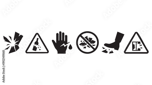 Set of black broken glass warning, sharp edges, broken bottle, bleeding hand, no littering, falling debris, fragile material signs
