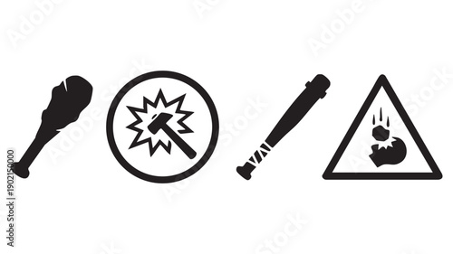 Blunt force impact icons featuring club hammer baseball bat and falling rock