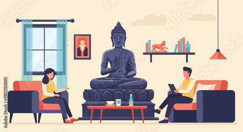 Interior scene with a large Buddha statue, two people relaxing, and decor