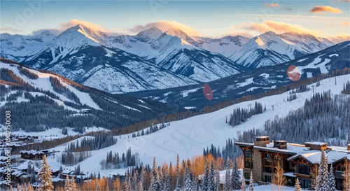 Majestic snow-capped mountains glow in warm sunset light over a ski resort