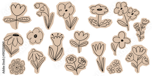 Crayon drawn flower scrapbook and collage stickers. Hand drawn paper folk flora. Chalk chamomile torn papers pieces with crayon outline texture. Vector craft tear wildflowers scribbles set