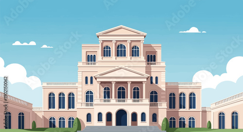 Large, ornate building with arched windows and blue sky