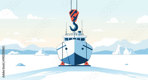 Large ship being lifted by a crane in an icy landscape