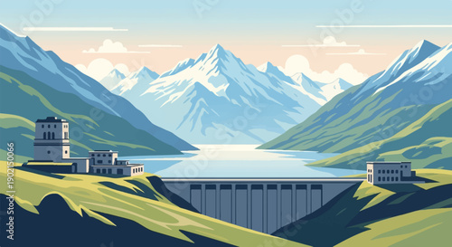 Majestic snow-capped mountains overlook a serene lake and dam