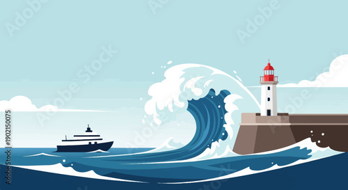 Large ocean wave crashing near lighthouse with a boat in background