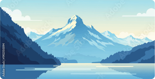 Majestic snow-capped mountains reflected in a calm, vast lake