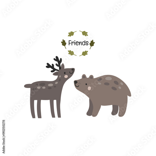 Cute forest friends vector illustration with deer and bear characters. Perfect for nursery decor, kids posters, and baby products.
