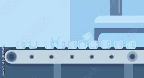 Ice cubes moving on a conveyor belt in a factory setting