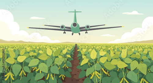 Green airplane flies over vast field of green crops under a cloudy sky