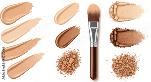 Makeup swatches and brush demonstrate foundation shades and textures