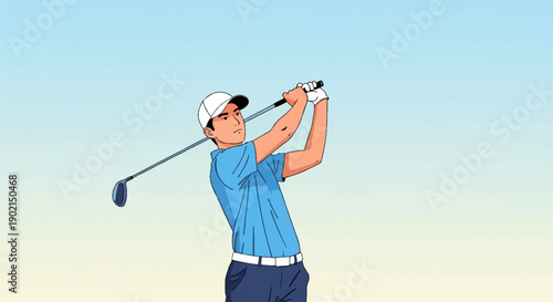Male golfer in blue shirt and white cap swings club against a pale sky
