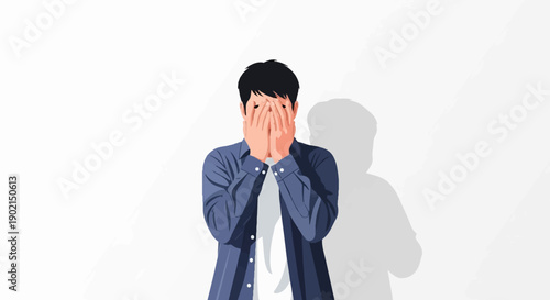 Man covering face in despair against a white background