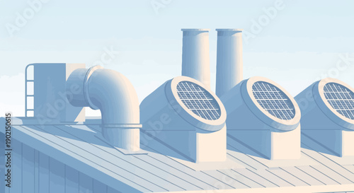 Industrial rooftop with vents and exhaust pipes under a pale sky