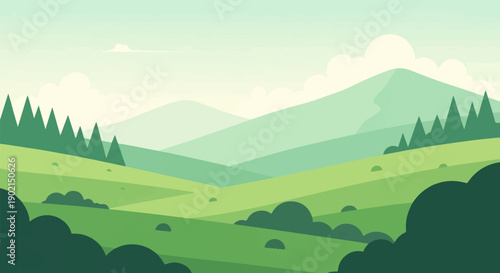 Gentle rolling green hills and mountains under a pale sky with clouds