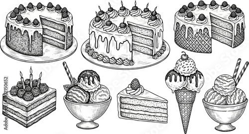 Hand-drawn black and white sketches of various cakes and ice cream desserts