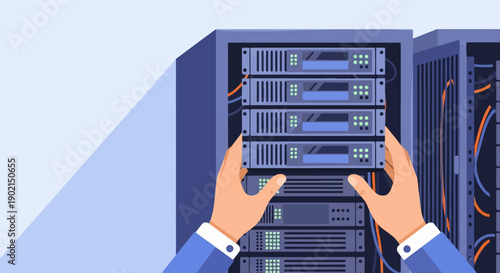 Hands adjusting server rack in a cool, minimalist data center