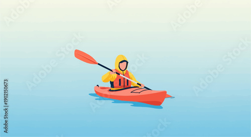 Kayaker paddling an orange kayak on calm blue water under a pale gradient sky