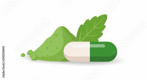 Green pill and powder with leaf on white background
