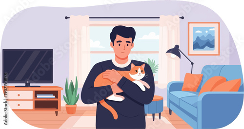 Man holding orange cat inside a living room with furniture