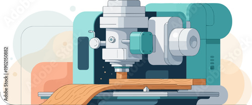 Industrial milling machine processing a wooden plank