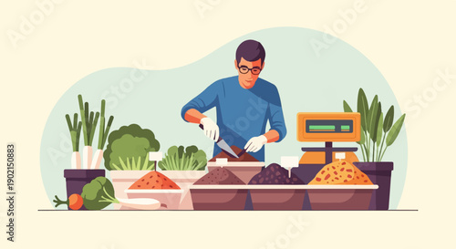 Man in blue shirt and glasses with gloves serves dry goods at market