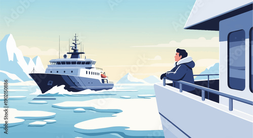 Man in arctic gear on ship deck watches icebreaker navigate frozen sea