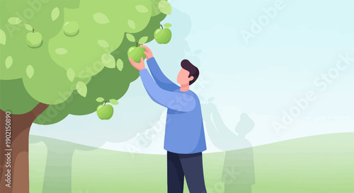 Man in blue shirt picking ripe apples from a green tree in a park