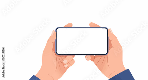 Hands holding a smartphone horizontally, displaying a blank white screen