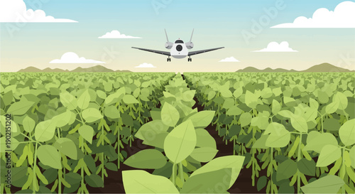Jet flies over vast green crop field under cloudy sky