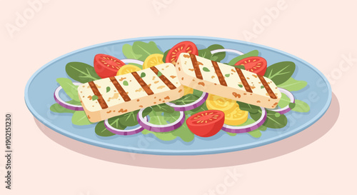 Grilled cheese and fresh vegetables arranged on a blue plate with a light background