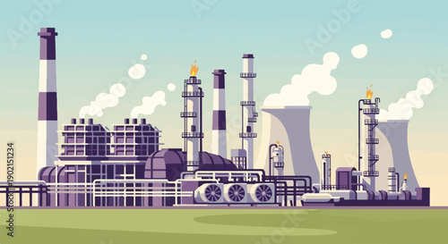 Industrial complex with smoking chimneys, cooling towers, and burning flares under a sky