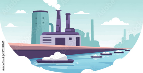 Industrial complex with smoking chimneys along a river with barges
