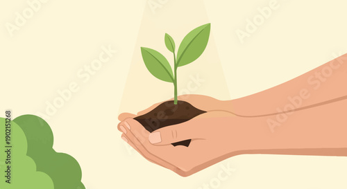 Gentle hands nurturing a young plant sprout in fertile soil under soft light