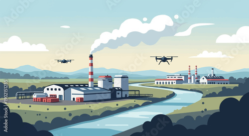 Industrial complex with smokestacks, modern buildings, and drones flying overhead