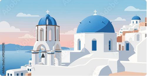 Iconic white buildings with blue domes perch on a cliff overlooking the sea