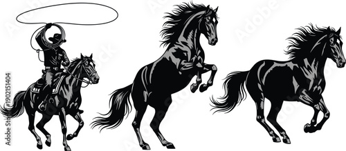 Vector, black, silhouette, illustration, set, of, majestic, wild, horses, and, a, cowboy, with, lasso, on, horseback, for, western, ranch, and, equestrian, design