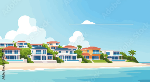 Idyllic coastal scene with modern villas on a green hillside overlooking the ocean