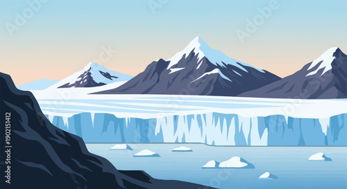 Icy landscape with jagged mountains, a glacier, and floating icebergs