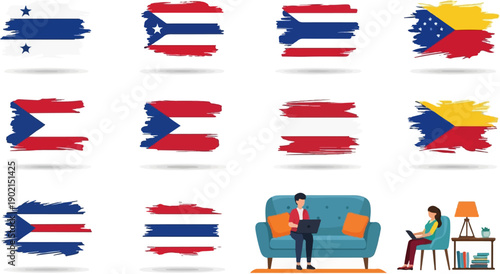 Grunge flags from various countries and people working remotely